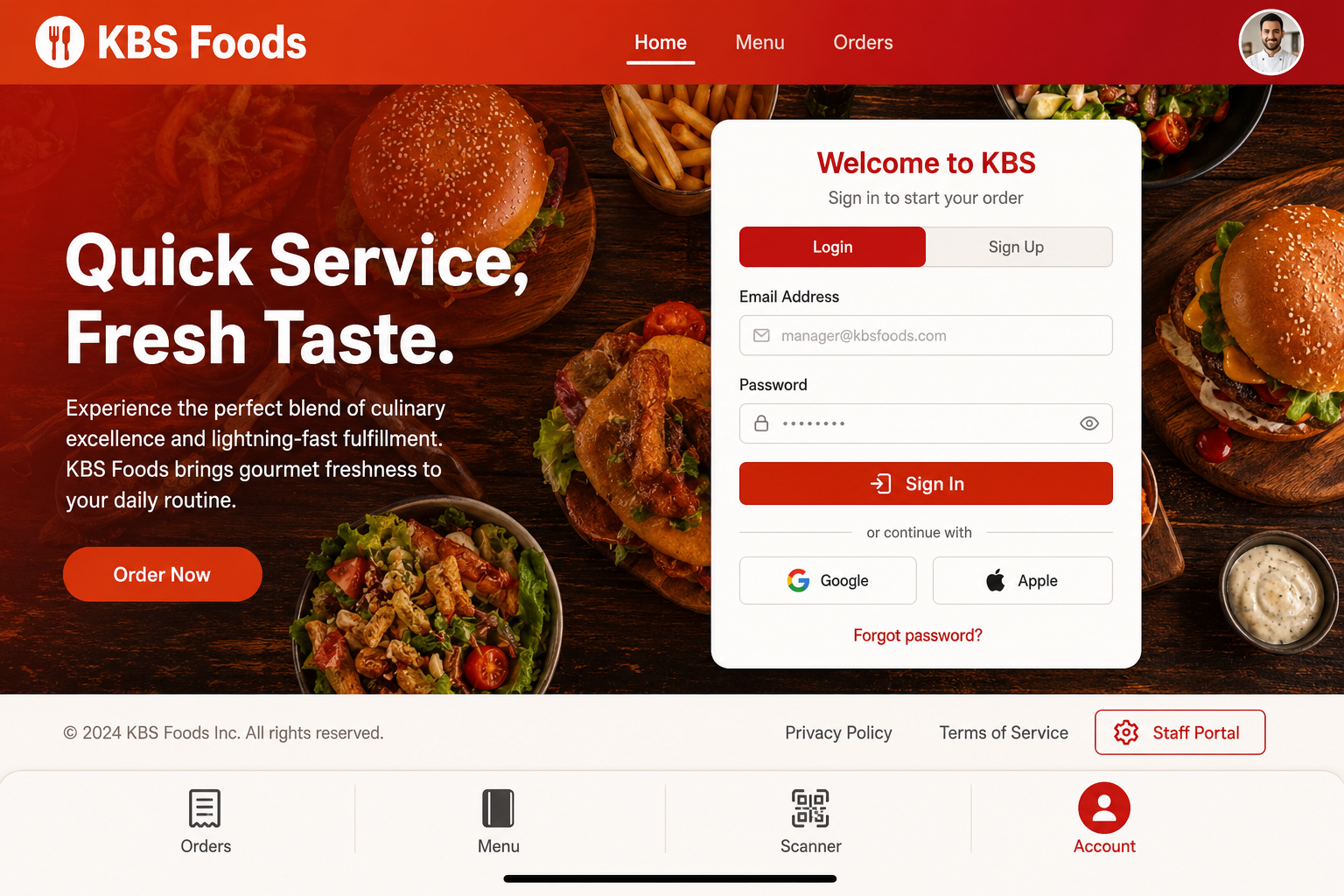 KBS Foods Welcome Page - Beautiful hero section with authentication card, social login options, and branded design